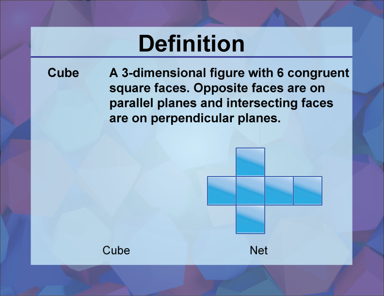 Cube. A 3-dimensional figure with 6 congruent square faces. Opposite faces are on parallel planes and intersecting faces are on perpendicular planes.