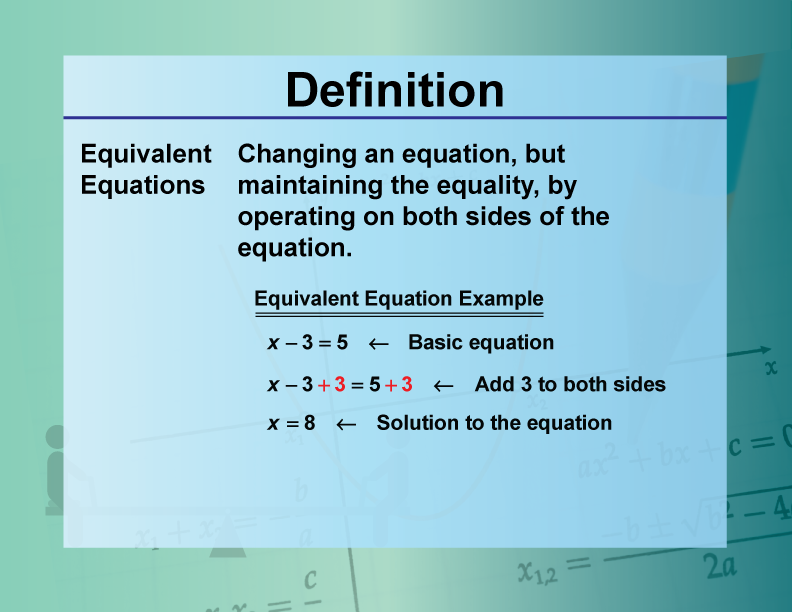 Equivalent Equations. Changing an equation, but maintaining the equality, by operating on both sides of the equation.