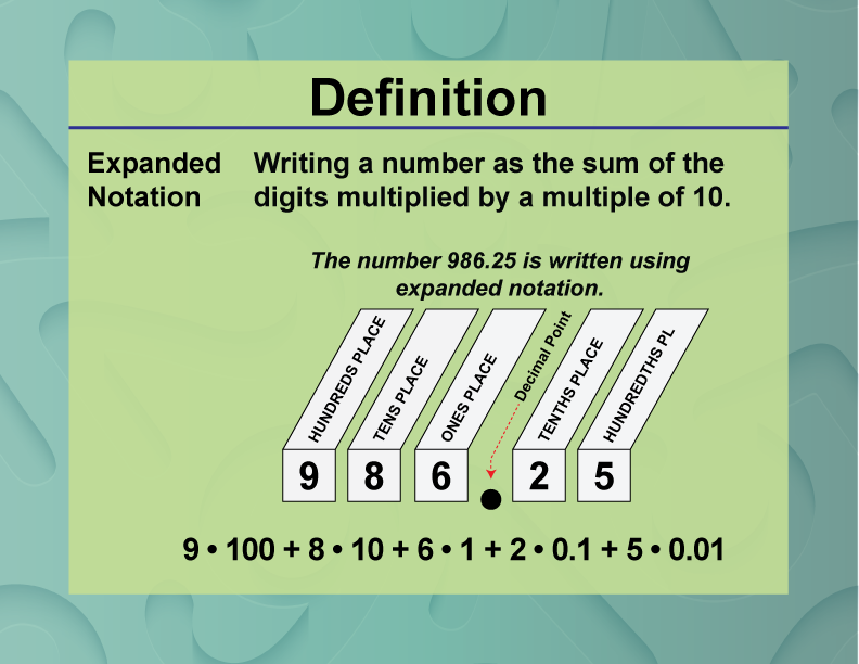 Expanded Notation. Writing a number as the sum of the digits multiplied by a multiple of 10.