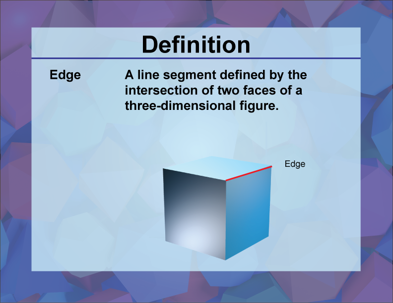 Edge. A line segment defined by the intersection of two faces of a three-dimensional figure.