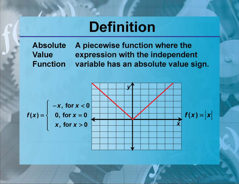Absolute Value Function. A piecewise function where the expression with the independent variable has an absolute value sign.