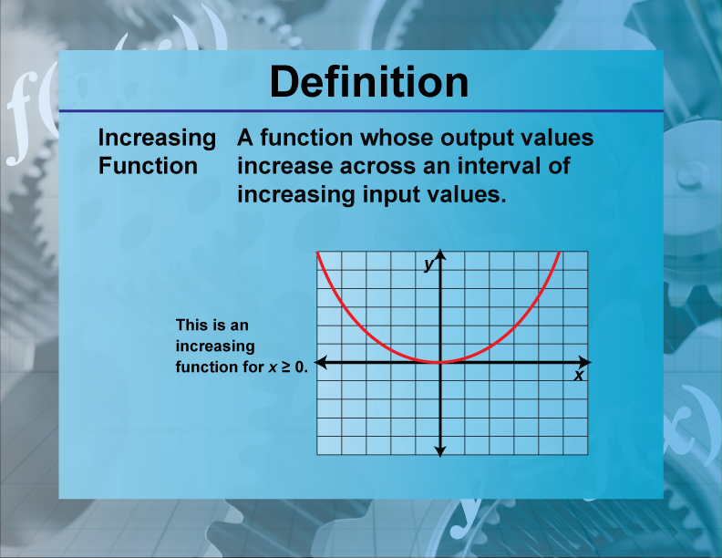 Increasing Function. A function whose output values increase across an interval of increasing input values.