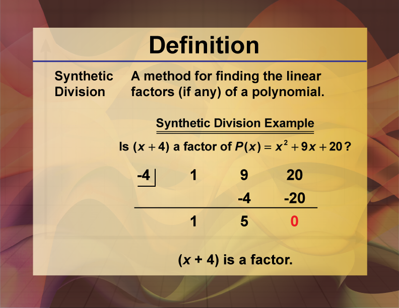 Synthetic Division. A method for finding the linear factors (if any) of a polynomial.