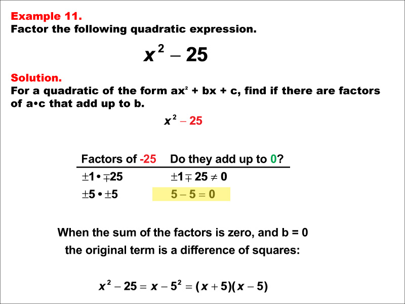 Example 11: Quadratic expressions factor into the following product of factors: The quantity X plus A times the quantity X minus A.