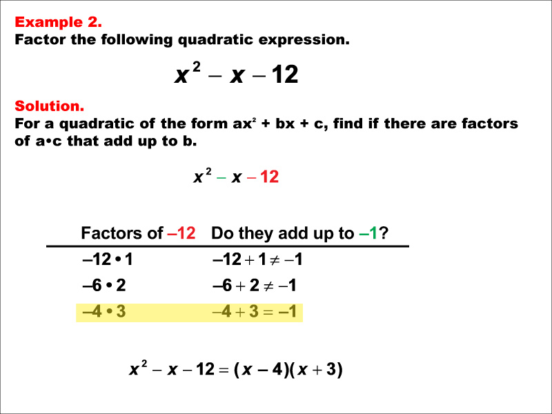Example 2: Quadratic expressions factor into the following product of factors: the quantity, X minus A, times the quantity, X plus B.