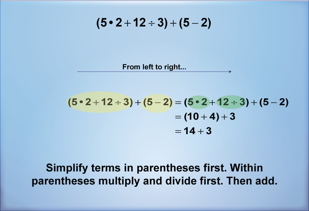 Simplify terms in parentheses first. Within parentheses multiply and divide first. Then add.