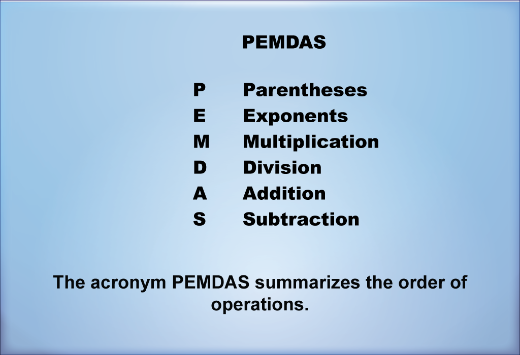 The acronym PEMDAS summarizes the order of operations.