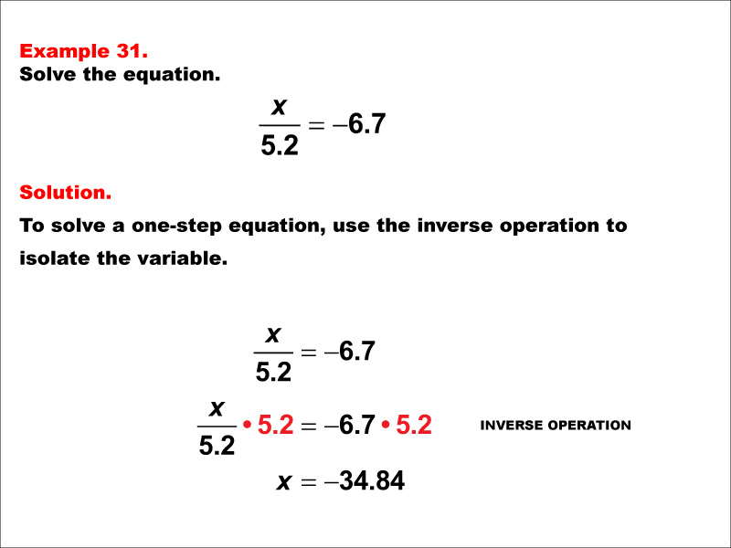 Solving a one-step division equation of the form X divided by A = negative B. The values of A and B are decimals.