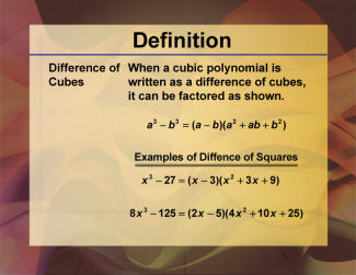 Video Definition 19--Polynomial Concepts--Difference of Cubes (Spanish Audio)