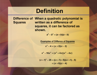 Video Definition 18--Polynomial Concepts--Difference of Squares (Spanish Audio)