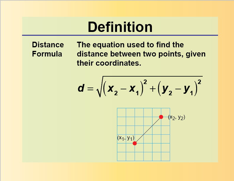 Distance Formula. The equation used to find the distance between two points, given their coordinates.