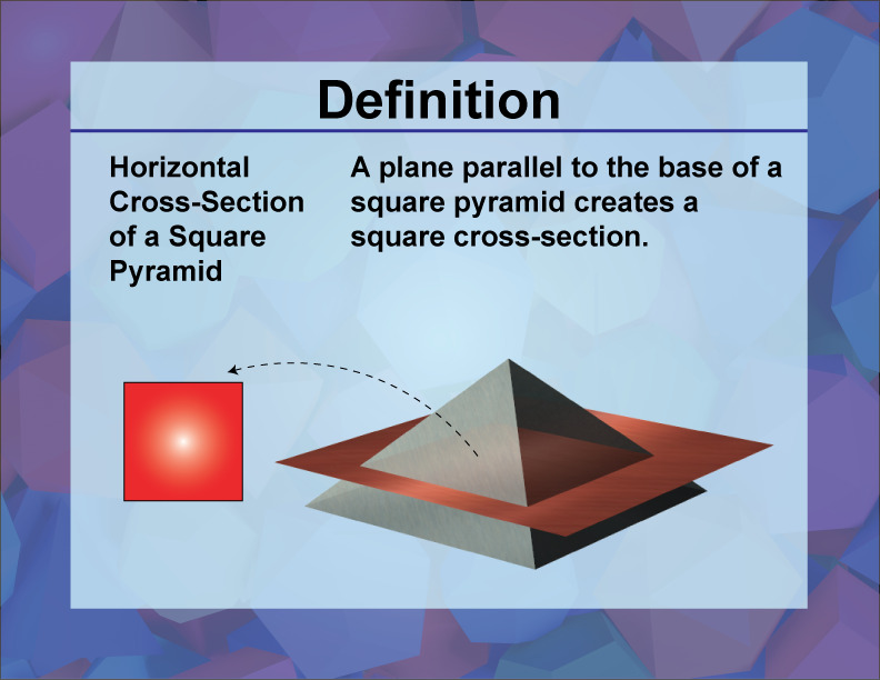 Horizontal Cross-Sections of a Square Pyramid. A plane parallel to the base of a square pyramid creates a square cross-section