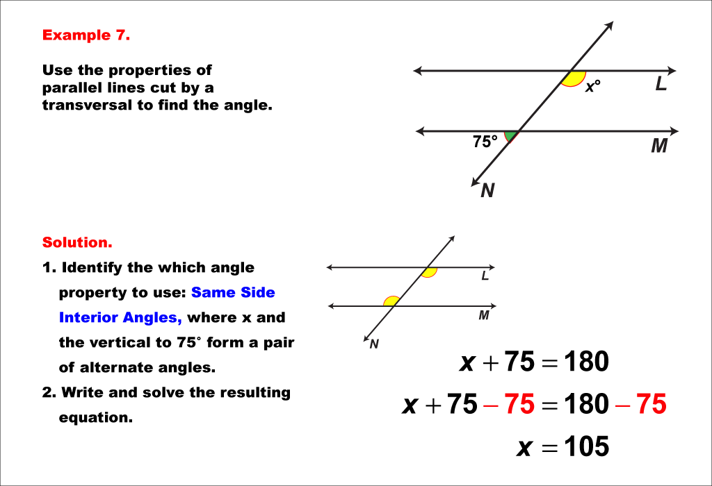 Math Example--Solving Equations--Equations with Angles from Parallel Lines Cut by a Transversal--Example 7