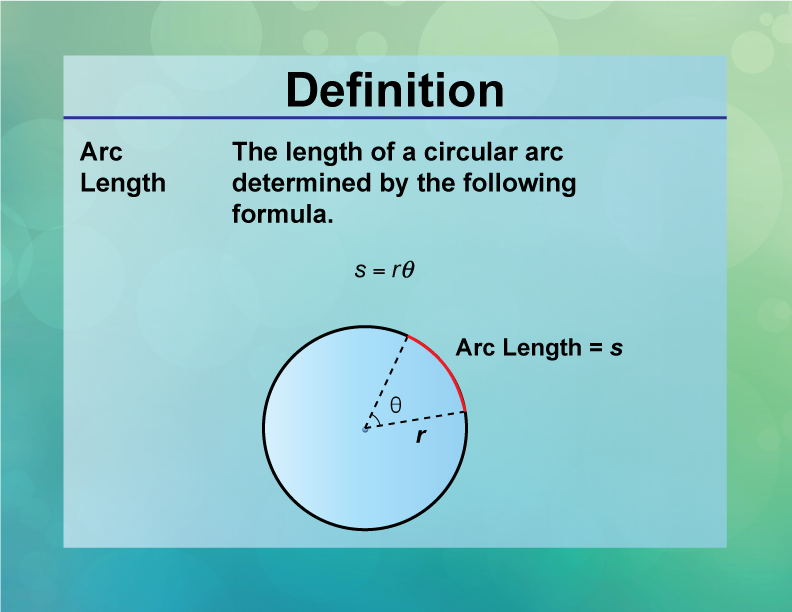 Arc Length. The length of a circular arc determined by the following formula.