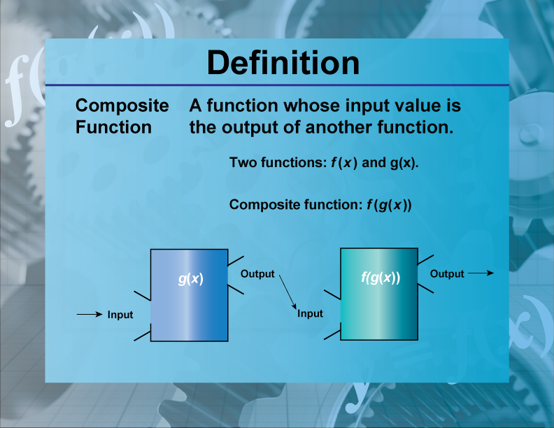 Composite Function. A function whose input value is the output of another function.