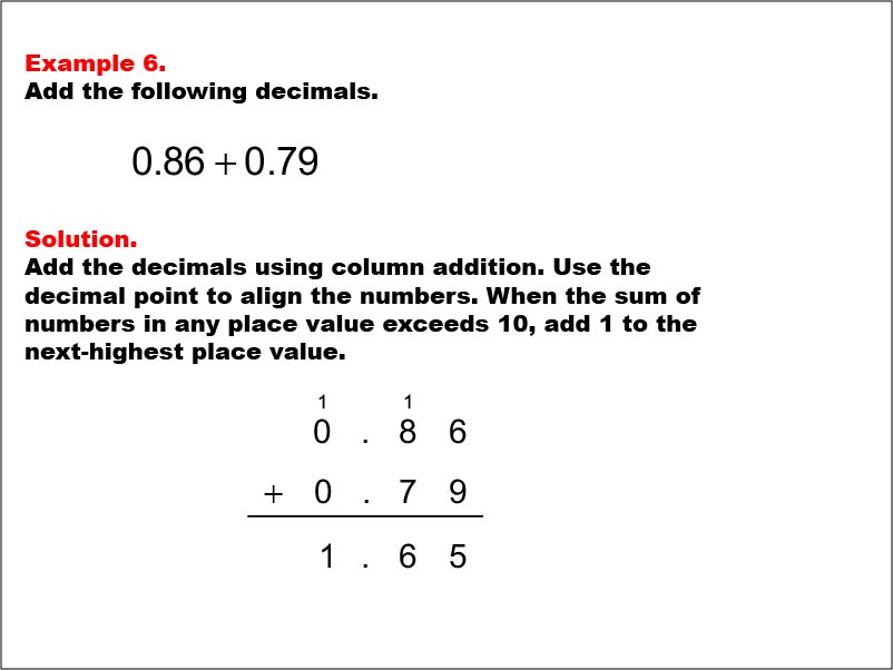 Adding Decimals: Example 6. Adding two decimals written to the hundredths place, with the decimal sum exceeding 1. The numbers have zero in the ones place.To see the complete collection of Math Examples on this topic, click on this link: https://bit.ly/3g5Dke3