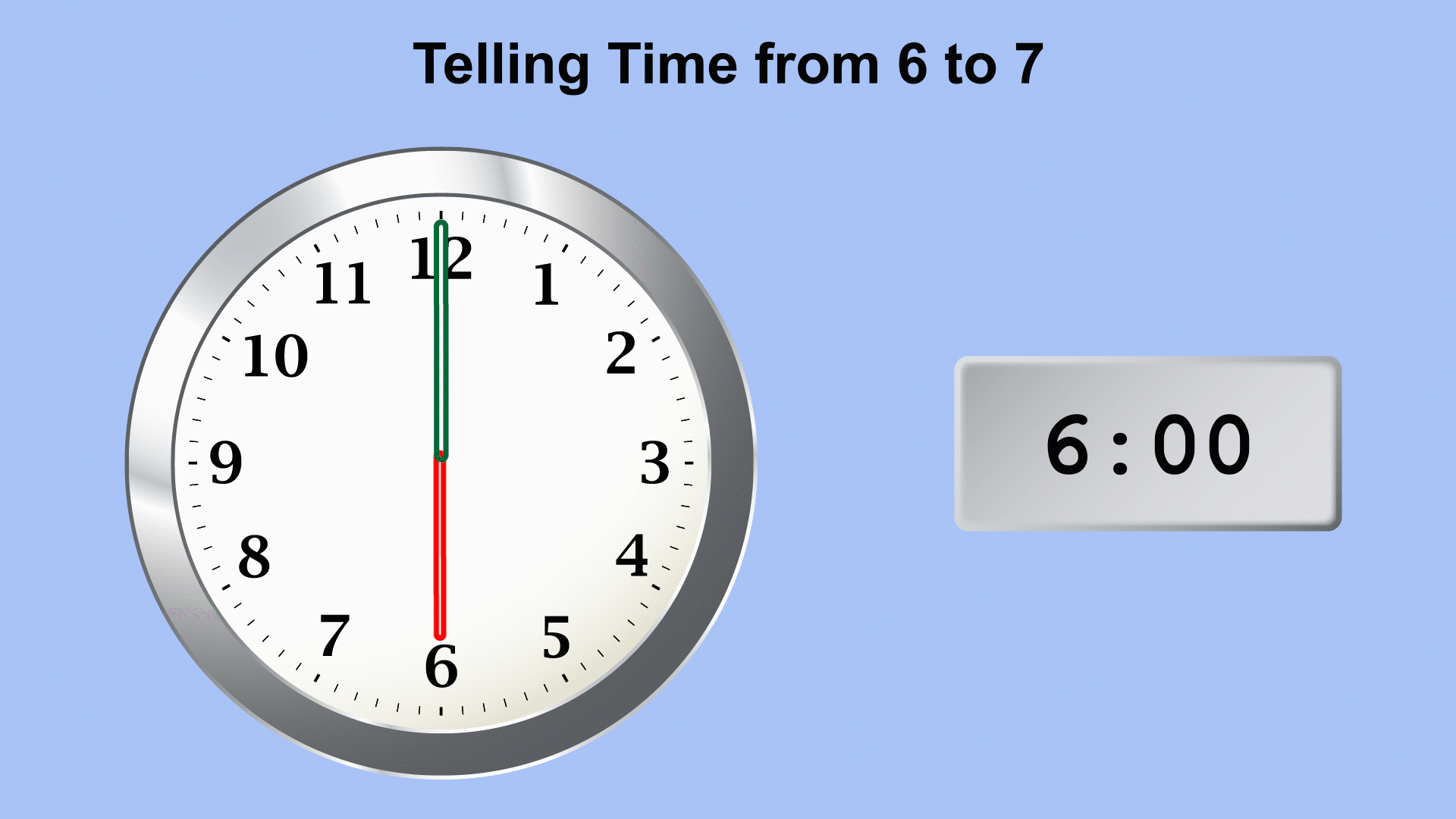 In this animated piece of clip art, see the time change from 6 to 7 in 15-minute increments.