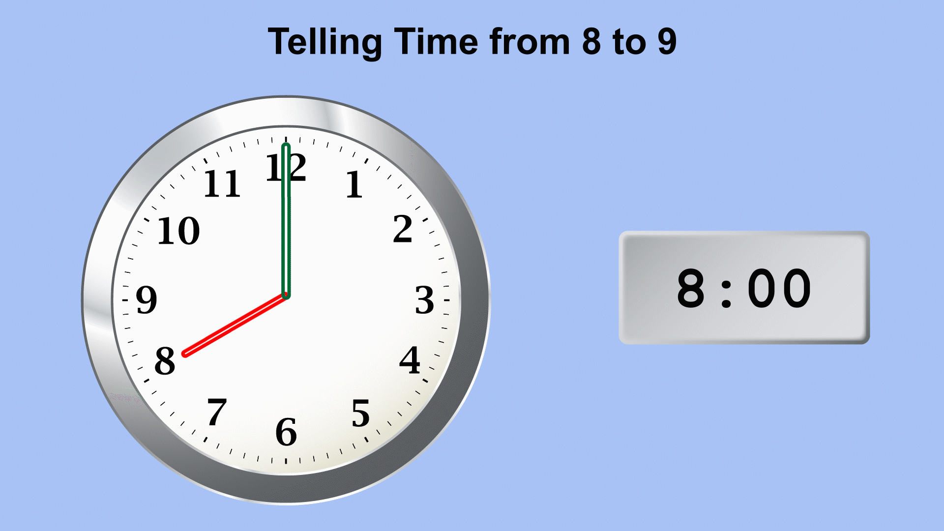 In this animated piece of clip art, see the time change from 8 to 9 in 15-minute increments.