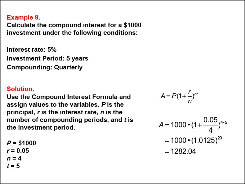 Compound Interest: Example 9. Calculate the compound interest based on quarterly compounding for a five-year investment, based on an interest of 5%.