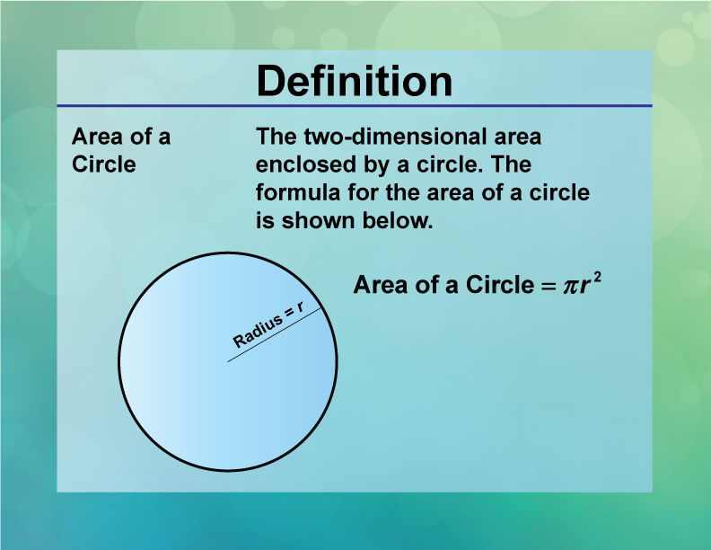 Area of a Circle. The two-dimensional area enclosed by a circle. The formula for the area of a circle is shown below.