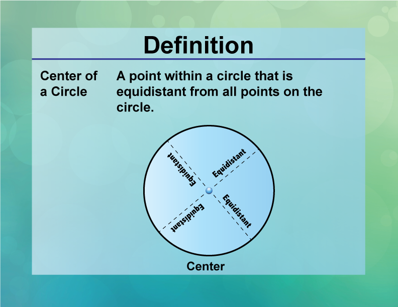 Center of a Circle. A point within a circle that is equidistant from all points on the circle.
