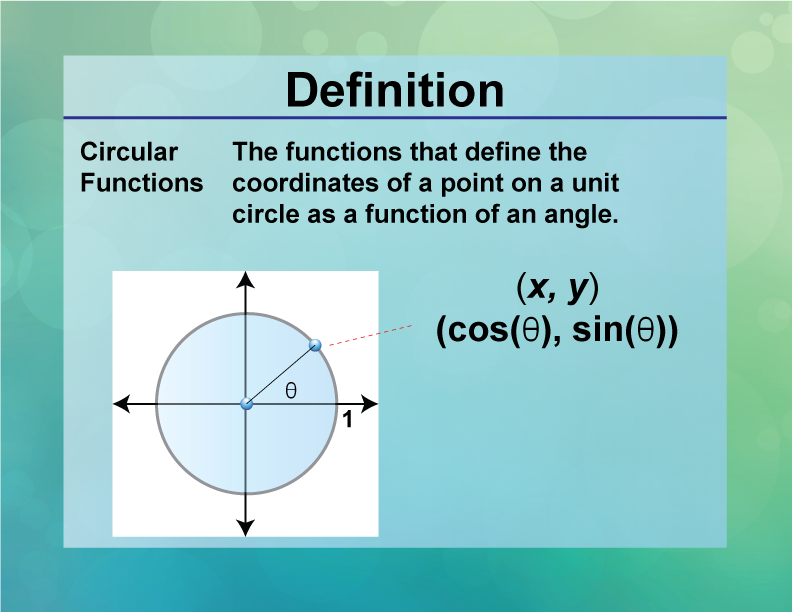 Circular Functions. The functions that define the coordinates of a point on a unit circle as a function of an angle.