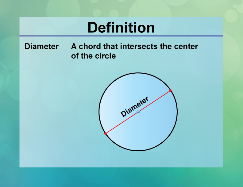 Diameter. A chord that intersects the center of the circle