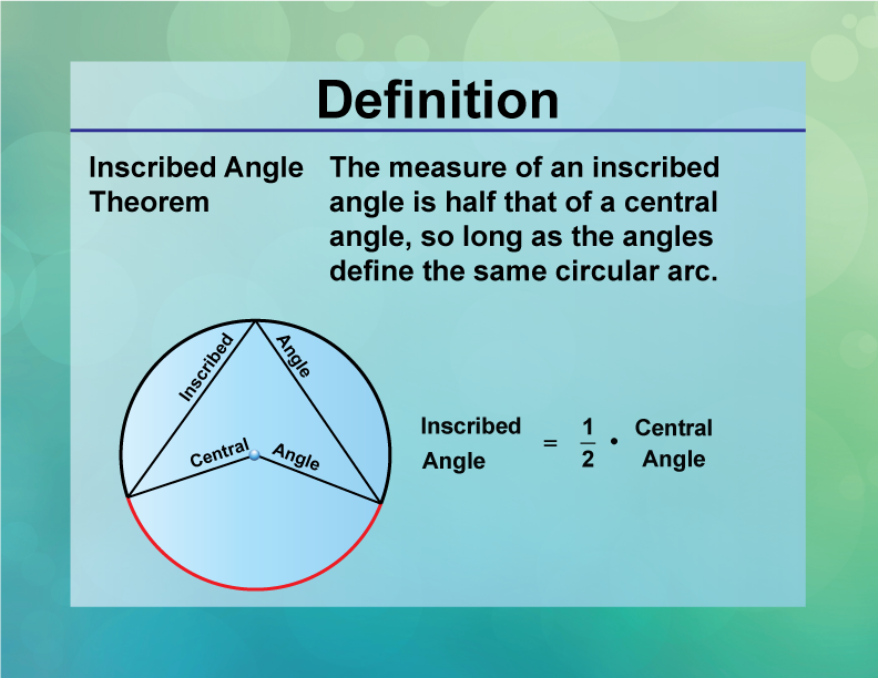 Inscribed Angle Theorem. The measure of an inscribed angle is half that of a central angle, so long as the angles define the same circular arc.