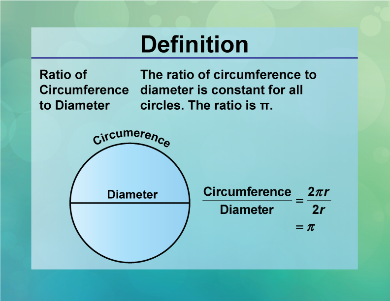 Ratio of Circumference to Diameter. The ratio of circumference to diameter is constant for all circles. The ratio is π.