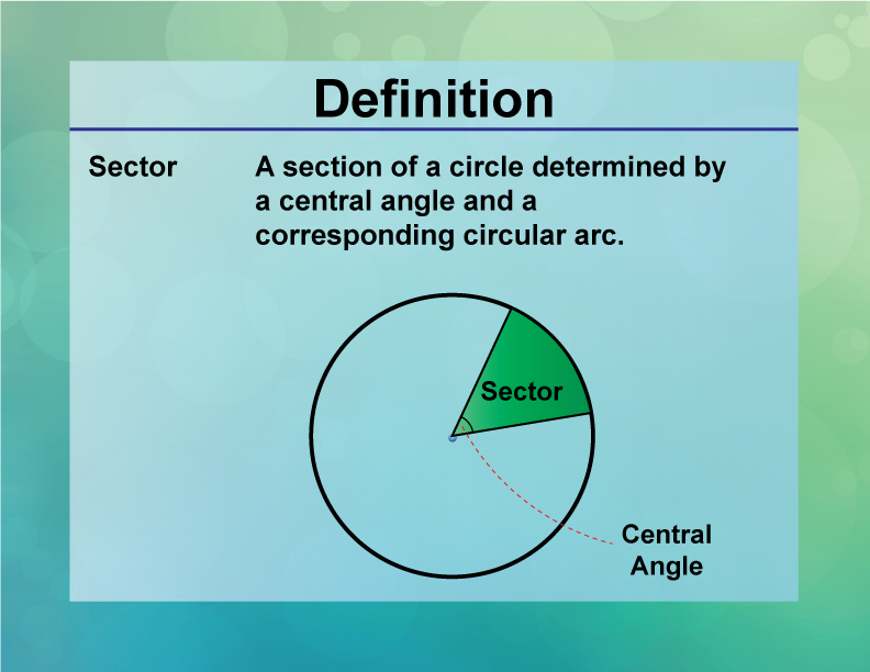 Sector. A section of a circle determined by a central angle and a corresponding circular arc.