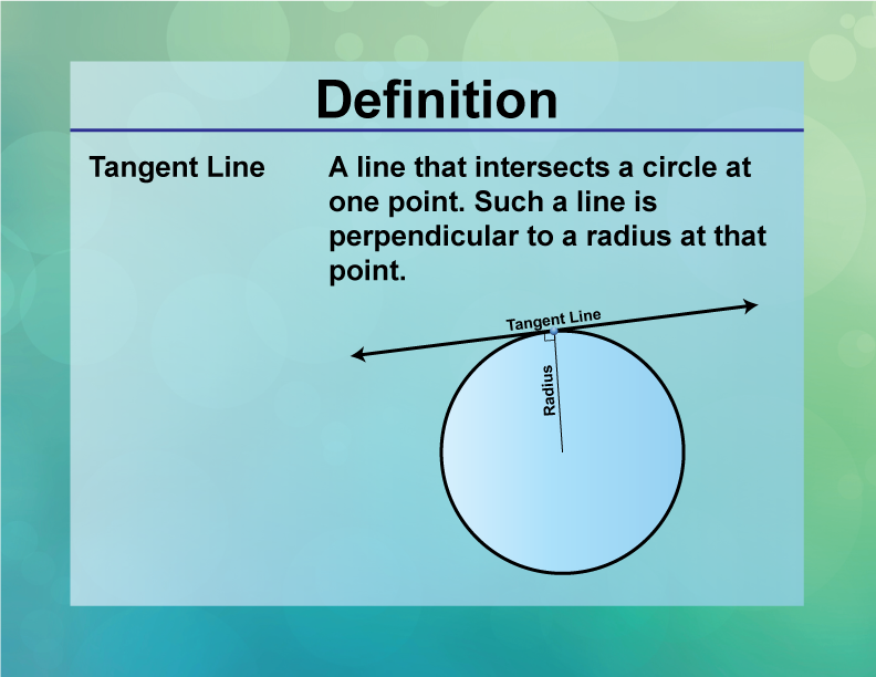 Tangent Line. A line that intersects a circle at one point. Such a line is perpendicular to a radius at that point.