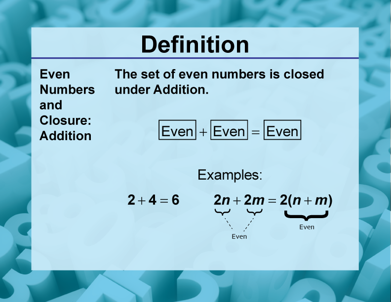 Even Numbers and Closure: Addition. The set of even numbers is closed under Addition.