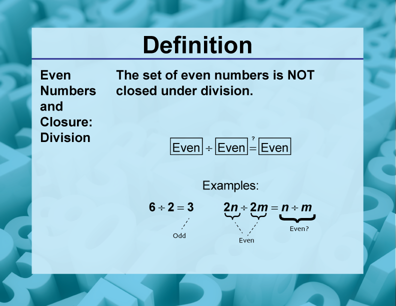Even Numbers and Closure: Division. The set of even numbers is NOT closed under division.
