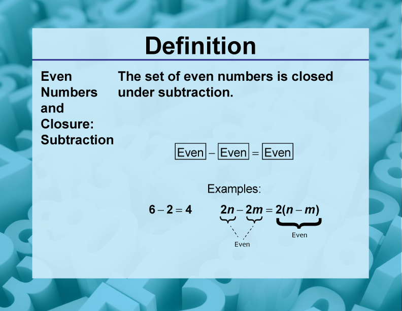 Even Numbers and Closure: Subtraction. The set of even numbers is closed under subtraction.