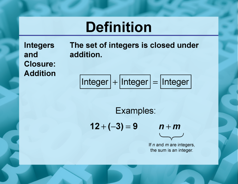 Integers and Closure: Addition. The set of integers is closed under addition.