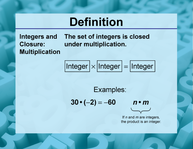 Integers and Closure: Multiplication. The set of integers is closed under multiplication.