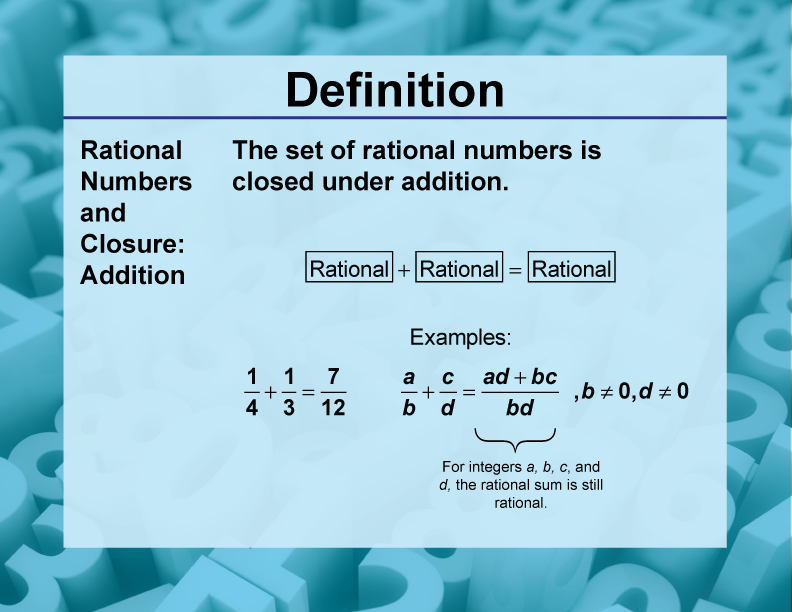 Rational Numbers and Closure: Addition. The set of rational numbers is closed under addition.
