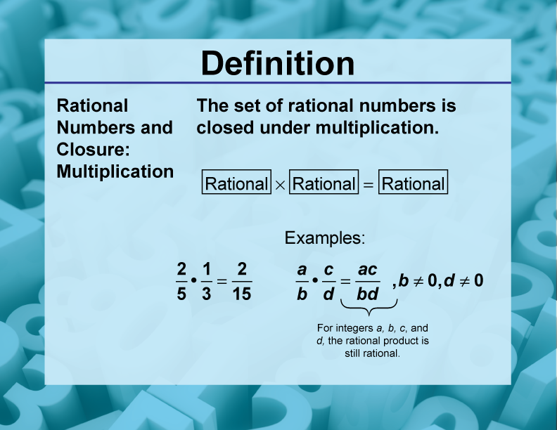 Rational Numbers and Closure: Multiplication. The set of rational numbers is closed under multiplication.