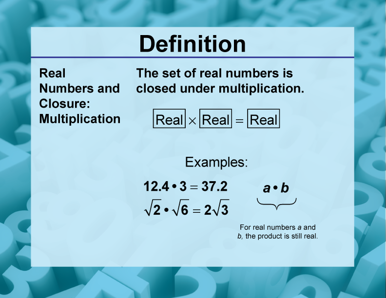 Real Numbers and Closure: Multiplication. The set of real numbers is closed under multiplication.