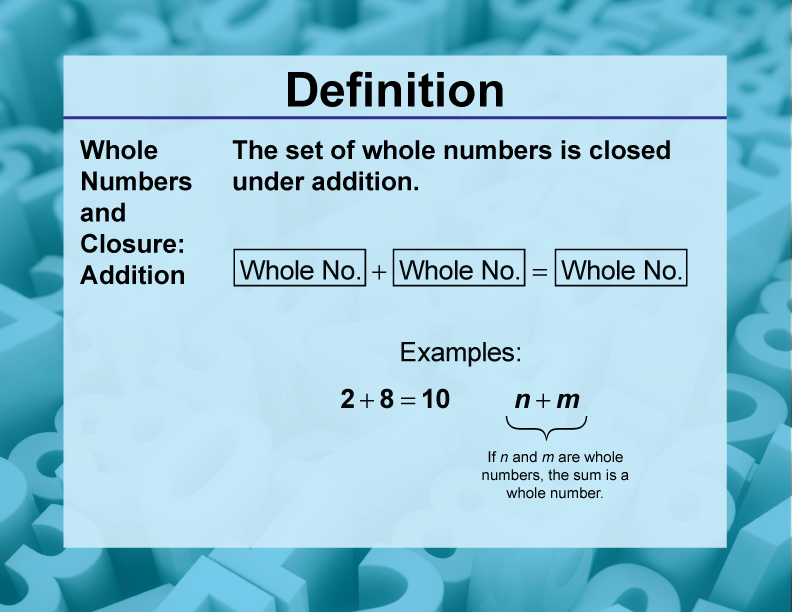 Whole Numbers and Closure: Addition. The set of whole numbers is closed under addition.