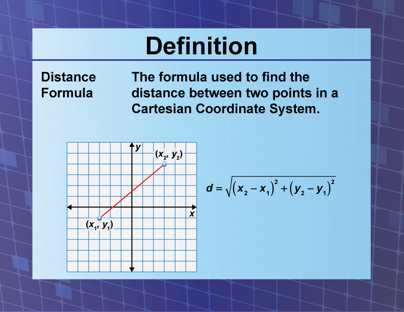 Distance Formula. The formula used to find the distance between two points in a Cartesian Coordinate System.