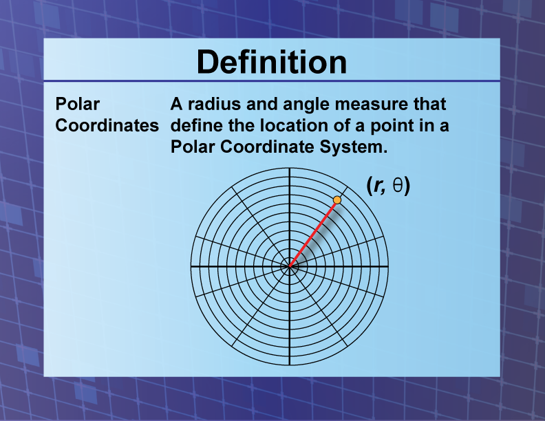 Polar Coordinates. A radius and angle measure that define the location of a point in a Polar Coordinate System.
