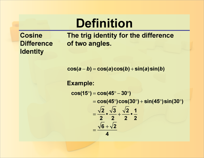 Cosine Difference Identity. The trig identity for the difference of two angles.