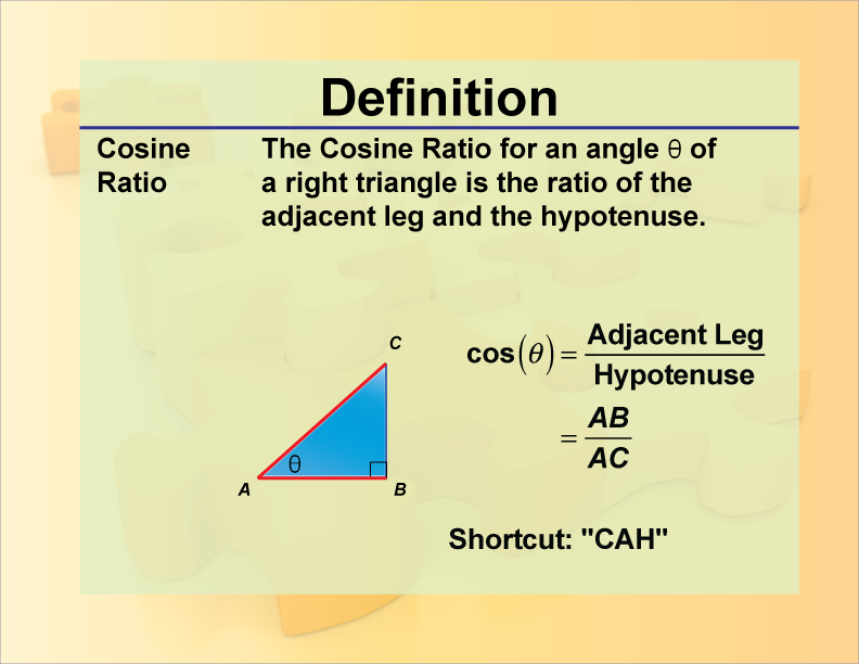 Cosine Ratio. The Cosine Ratio for an angle theta of a right triangle is the ratio of the adjacent leg and the hypotenuse.