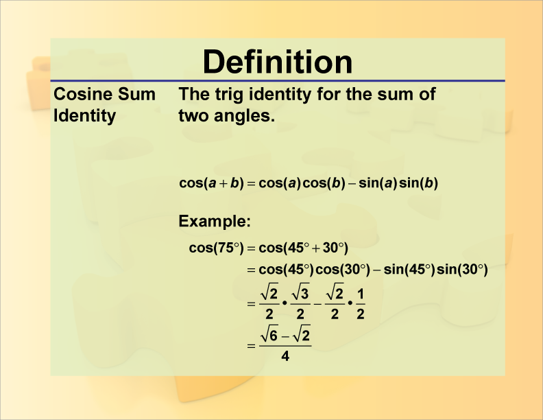 Cosine Sum Identity. The trig identity for the sum of two angles.