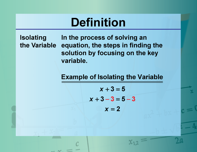 Isolating the Variable. In the process of solving an equation, the steps in finding the solution by focusing on the key variable.