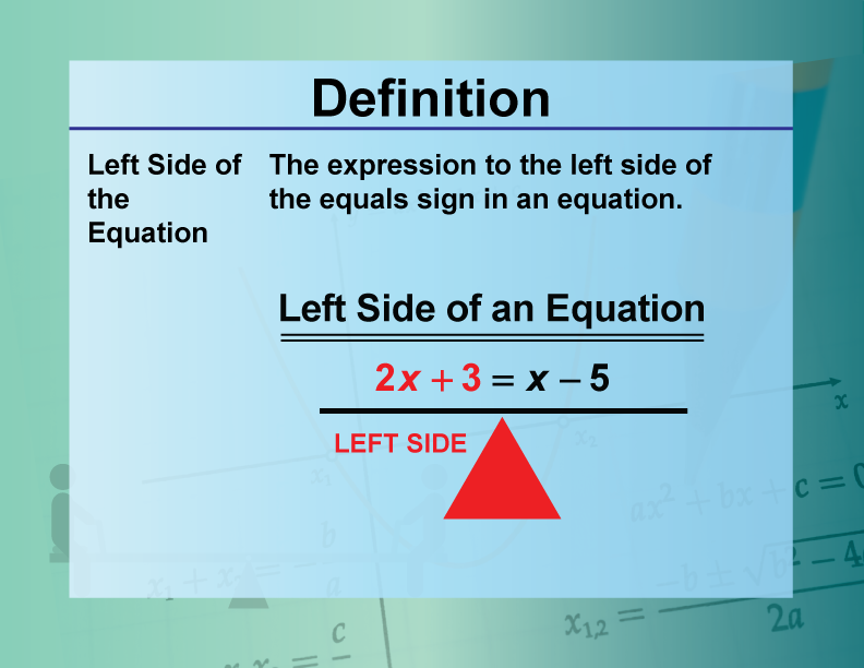 Left Side of the Equation. The expression to the left side of the equals sign in an equation.