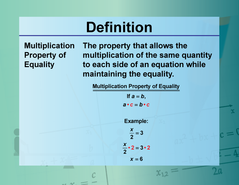 Multiplication Property of Equality. The property that allows the multiplication of the same quantity to each side of an equation while maintaining the equality.