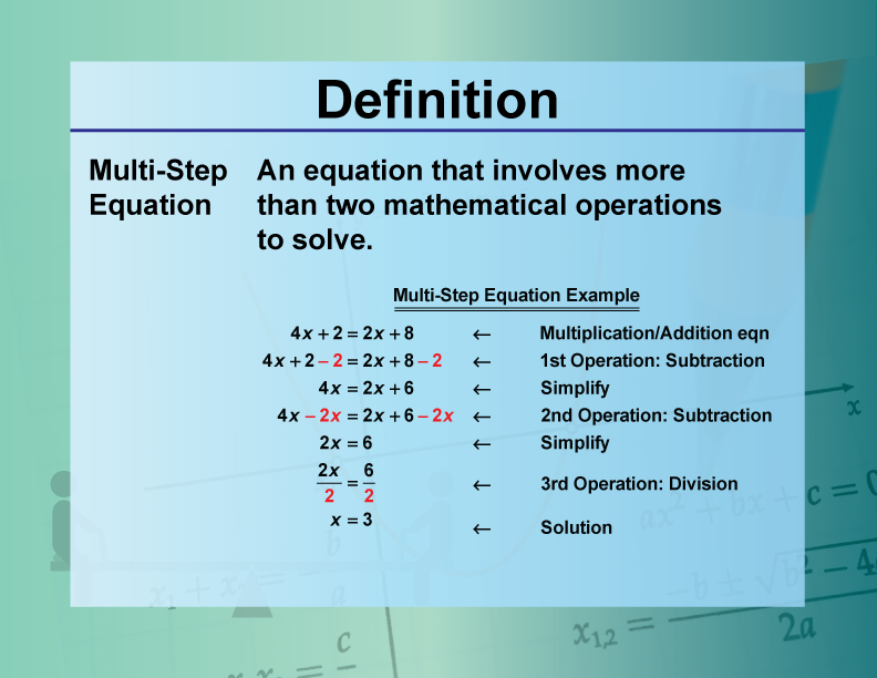 Multi-Step Equation. An equation that involves more than two mathematical operations to solve.