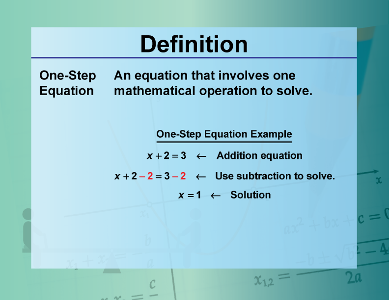 One-Step Equation. An equation that involves one mathematical operation to solve.